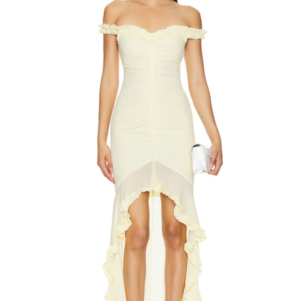 MAJORELLE Cream Off-Shoulder High Low Dress